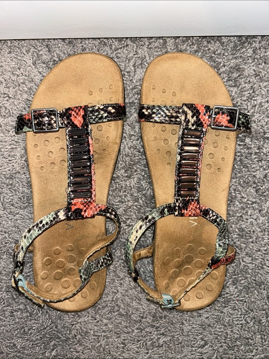 Vionic Shoes - Vionic Multicolor Snake-Print T-Strap Sandals with Coral and Teal Accents